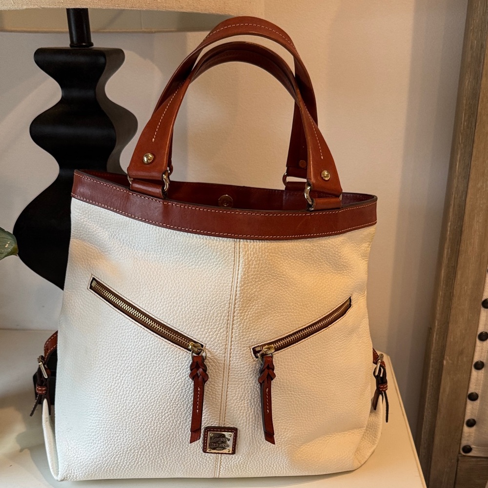 Dooney & Bourke White Pebble Leather and Luggage Color Trim Tote Bag
